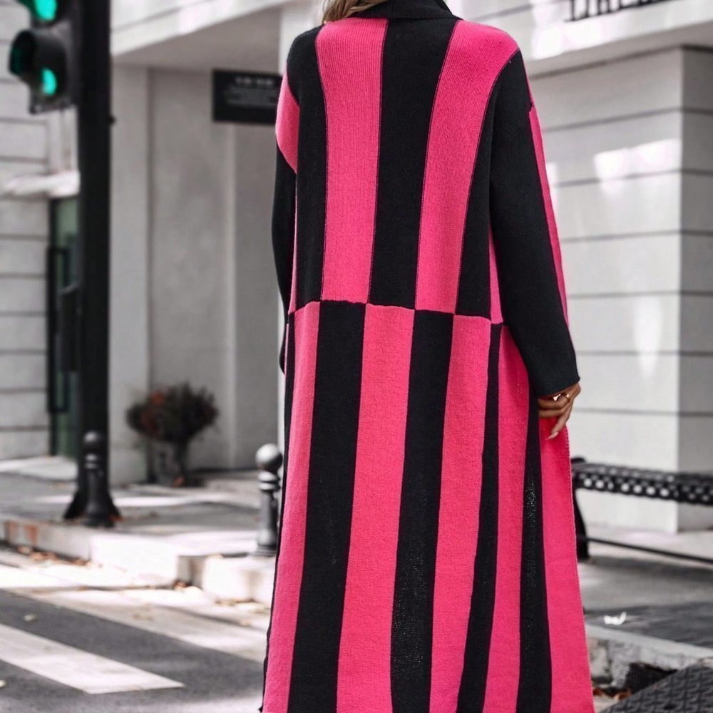 Pink & Black Preppy Womens Two Tone Open Front Longline Cardigan - Picture 2 of 6